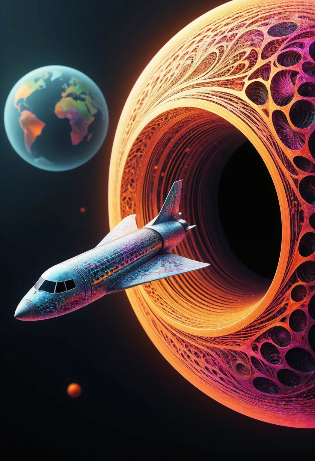 A high-quality photograph of a space shuttle approaching a black hole made of fractangles. The planet is partially in view. <lora:Hyper-FLUX.1-dev-16steps-lora:0.15> <lora:Challenge_Winnifier_ENTERPRISE_EDITION_epoch_5:0> <lora:Fractangles_Flux:1>