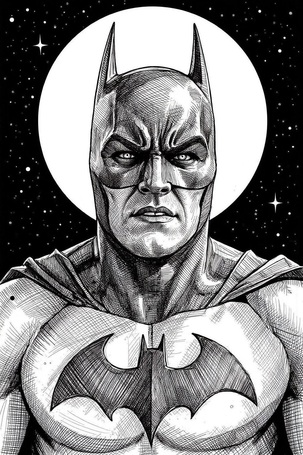 crosshatch black and white drawing of Batman shouting angrily. Background is the bat signal on a dark night sky. <lora:crosshatch2_nocap_d6a3:1.0><lora:809155500794112497:0>