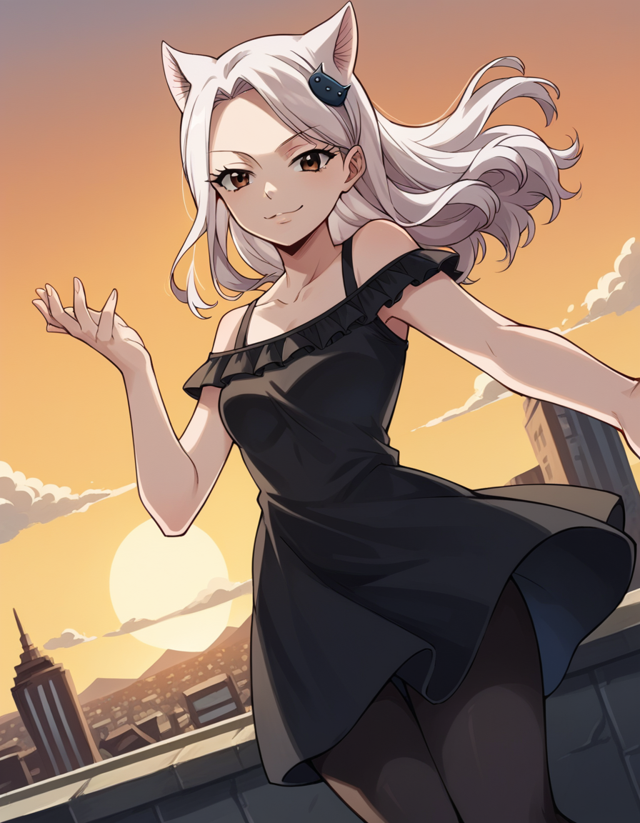 score_9, score_8_up, score_7_up, source_anime, <lora:fairytail-carla-anime-ponyxl-lora-nochekaiser:1>, fairy tail carla, long hair, hair ornament, animal ears, brown eyes, white hair, cat ears,, dress, pantyhose, black dress, black pantyhose, frills, bare shoulders, collarbone,, rooftop, sunset, cityscape, quiet moment, wind blowing, contemplative, smile, , hand reaching out, solo,, cowboy shot, dutch angle