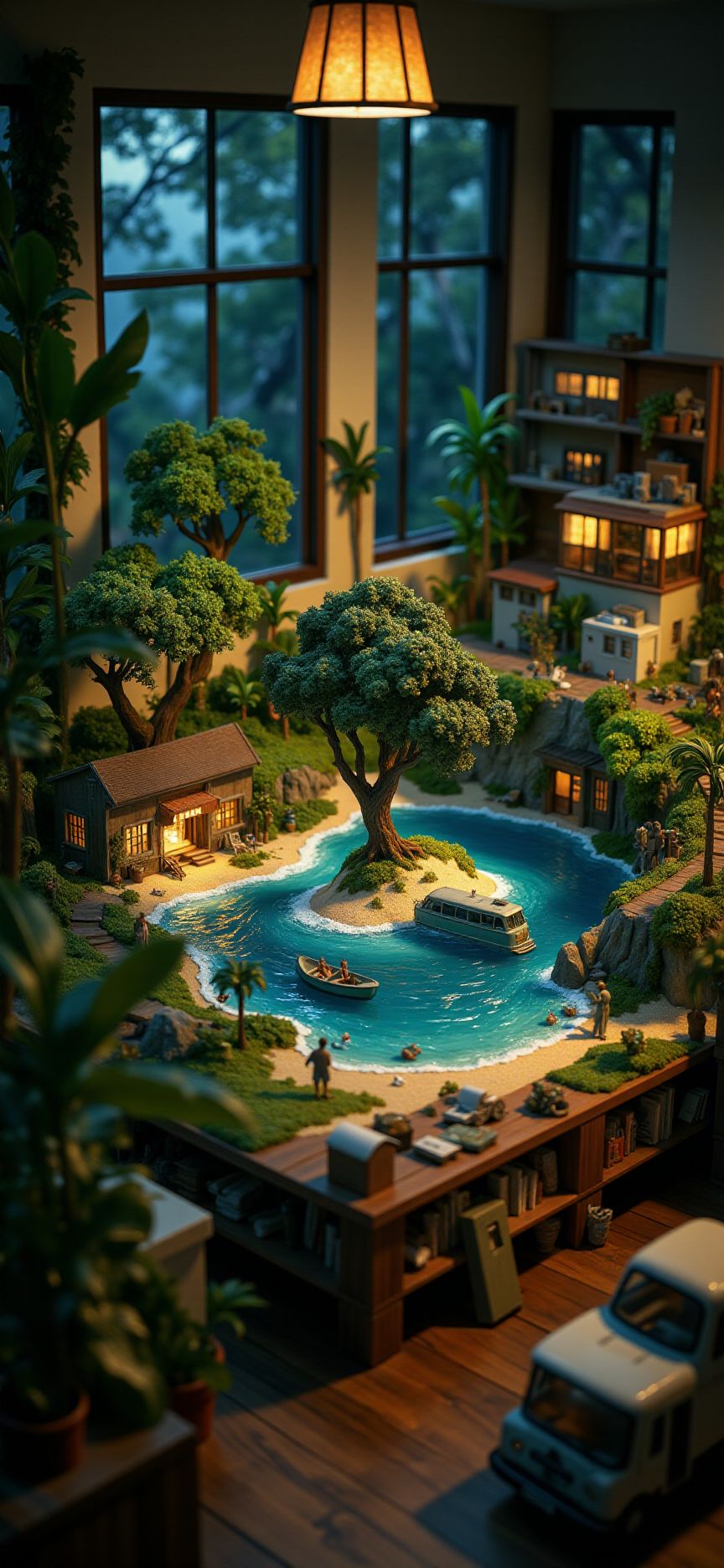 (indoor,very wide isometric view,tilt-shift lens:1.6), (windowless,fna_style,miniature,miniature,diorama,miniature,diorama,PVC,plastic:2),starry night jungle,beach,1950s town with bus  at (floating island,levitating  island:1.5) on (table:2) at (attic:2.5)   <lora:Diorama_Flux:1>
 <lora:Fantasy_Novel_Art_Style:1>