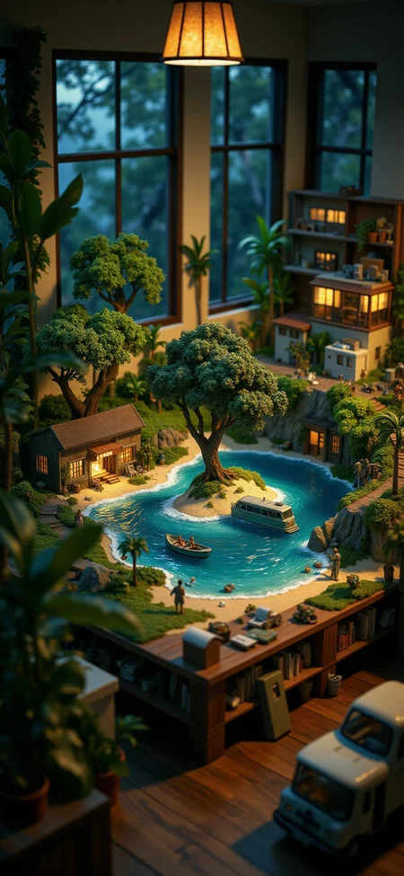 (indoor,very wide isometric view,tilt-shift lens:1.6), (windowless,fna_style,miniature,miniature,diorama,miniature,diorama,PVC,plastic:2),starry night jungle,beach,1950s town with bus  at (floating island,levitating  island:1.5) on (table:2) at (attic:2.5)   <lora:Diorama_Flux:1>
 <lora:Fantasy_Novel_Art_Style:1>