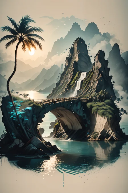<lora:Calligraphy-ink-style-darquelilly-v1:1> calligraphyinkstyle,a blue lagoon, palm trees and white lilies, in the center is a huge waterfall as a cave entrance, crystal clear sea water, peacful atmosphere, volumetric lighting, <lora:dAIversity-LoRAtest-Photoreal-SD15-01:0.7>