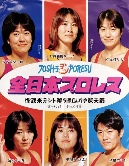 a 3D Japanese joshi (women's) professional wrestling poster from the 1990s with big pink Japanese characters at the center representing "JOSHI PURORESU" and absolutely no other writing, surrounded by 6 wrestlers.