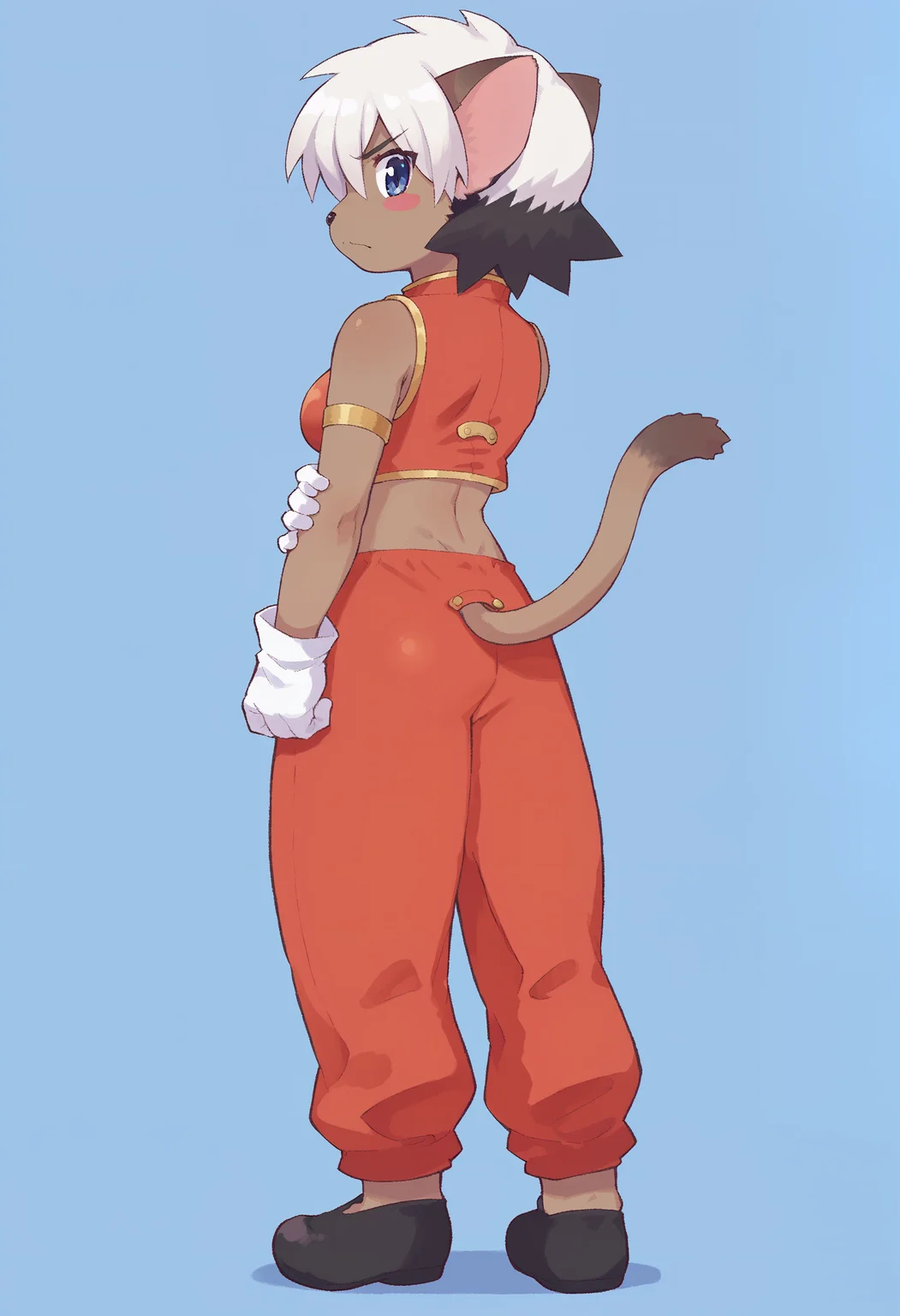score_9, score_8_up, score_7_up, source_anime, source_furry, <lora:AliciaPrisPDXL.safetensors:1.0>, Alicia, 1girl, solo, furry female, full body, from behind, back, petite, short hair, looking back, annoyed, irritated, eyes half-closed, blue eyes, tail, tail through clothes, animal ears, animal nose, multicolored hair, white hair, black hair, dyed bangs, (body fur:1.2), blush stickers, brown fur, white gloves, hand on own arm, arm at side, armlet, red shirt, red pants, black footwear, simple background, blue background