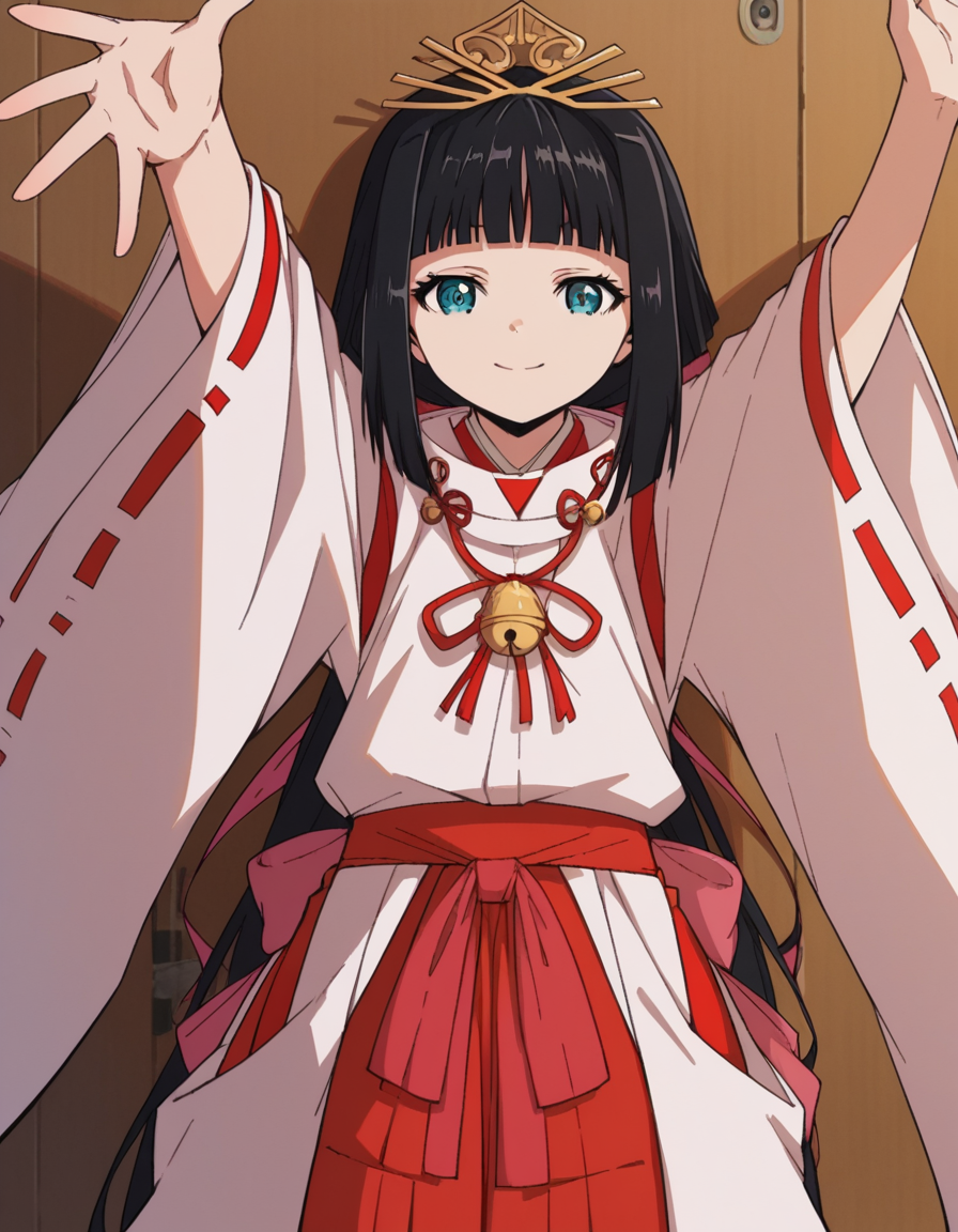 score_9, score_8_up, score_7_up, source_anime, <lora:nigewaka-shizuku-s1-ponyxl-lora-nochekaiser:1>, shizuku, long hair, bangs, blue eyes, black hair, blunt bangs,, japanese clothes, bell, miko, skirt, long sleeves, ribbon, wide sleeves, red ribbon, ribbon trim, hakama, hakama skirt, jingle bell, ribbon-trimmed sleeves, miko, red hakama,, school hallway, lockers, between classes, everyday life, smile, looking at viewer, on back, arm support, arms up, incoming hug, pov, reaching, reaching towards viewer,, solo,, cowboy shot, dutch angle