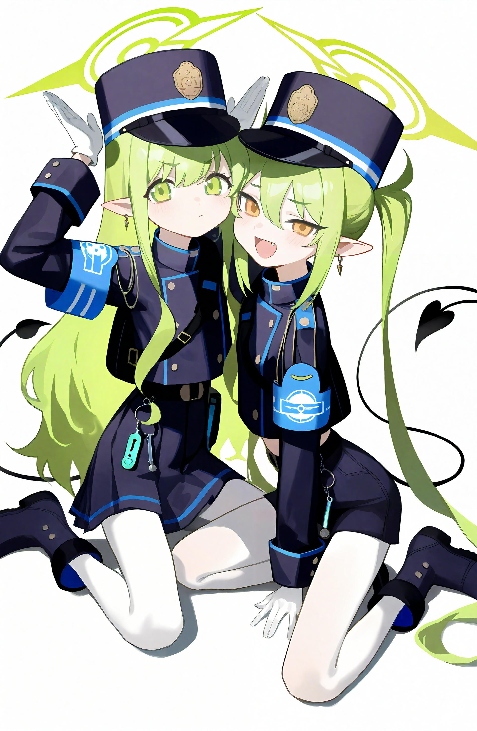 long_hair, looking_at_viewer, smile, open_mouth, simple_background, skirt, multiple_girls, long_sleeves, white_background, gloves, hat, closed_mouth, 2girls, jewelry, twintails, tail, yellow_eyes, pantyhose, boots, green_hair, pointy_ears, fang, white_gloves, black_skirt, black_footwear, halo, demon_tail, armband, white_pantyhose