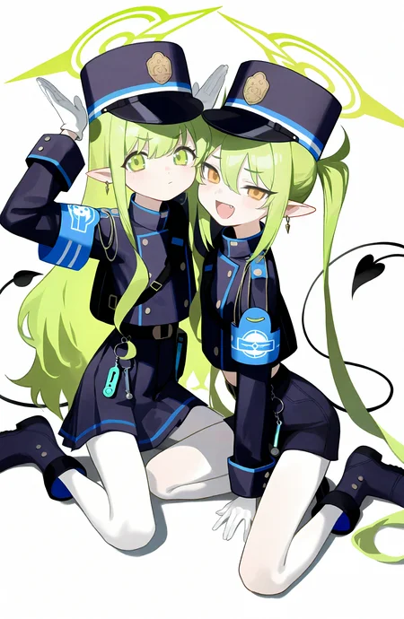 long_hair, looking_at_viewer, smile, open_mouth, simple_background, skirt, multiple_girls, long_sleeves, white_background, gloves, hat, closed_mouth, 2girls, jewelry, twintails, tail, yellow_eyes, pantyhose, boots, green_hair, pointy_ears, fang, white_gloves, black_skirt, black_footwear, halo, demon_tail, armband, white_pantyhose