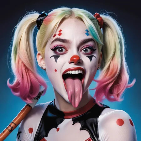 Comic book Harley Quinn sticking her (long pink tongue) out, masterpiece, <lora:concept_tongue_out_xl_1_standard_merger_57_80_04_06:0.6>