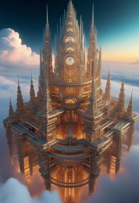 lazympos, impressionist painting, qu4ntum, brass, chrome, neon lights, fractal patterns, megastructure, city, above clouds