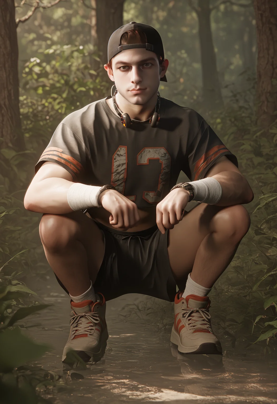 score_9, score_8_up, score_7_up, 3d <lora:jacob_custos_pony_epoch_7:1> 1boy, male 80s_jacob_custos, full body, crop top jersey, small black shorts, headphones, sneakers, cap, wristbands, forest, looking at viewer, confident expression, squatting