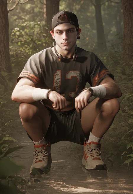 score_9, score_8_up, score_7_up, 3d <lora:jacob_custos_pony_epoch_7:1> 1boy, male 80s_jacob_custos, full body, crop top jersey, small black shorts, headphones, sneakers, cap, wristbands, forest, looking at viewer, confident expression, squatting