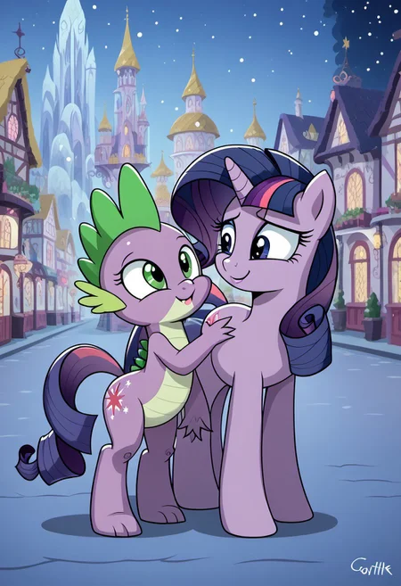 score_9, score_8_up, score_7_up, (Twilight Rarity and Spike Together mlp detailed face cutie mark night time city background snowing 1.2), cute, very fuzzy,(detailed background), safe_rating
