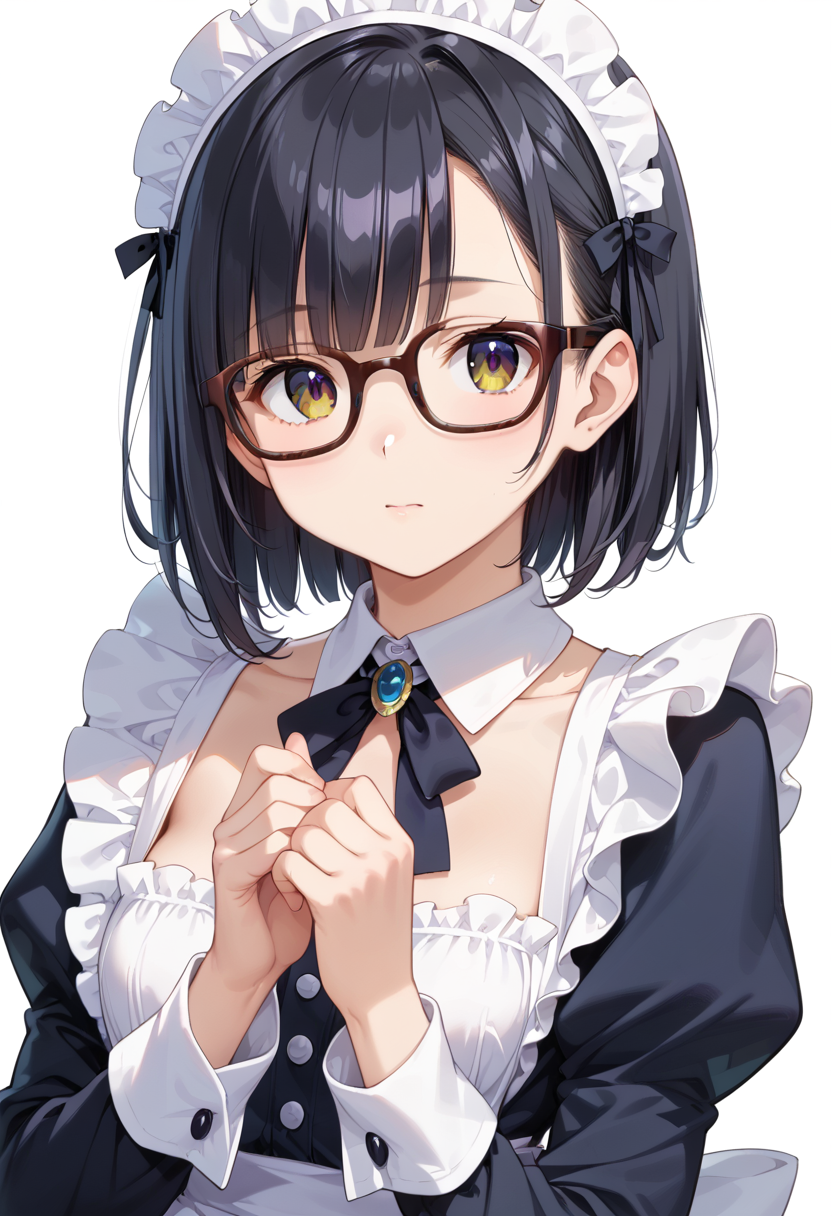score_9, score_8_up, score_7_up, rating_safe, masterpiece, best quality, absurdres, unity 8k wallpaper, official art, official style, source_anime, uncensored, game cg, megami magazine,
1girl, solo, black hair, medium hair, upper body, covered eyes,maid, maid headdress, black dress, maid apron, face focus,
Wellington22A, glasses, white background, simple background, brown-framed eyewear
 <lora:glasses_Wellington22A1_PONY_V1:1>