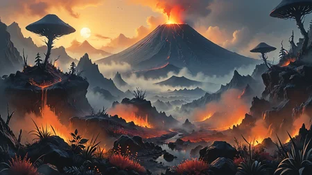 alien landscape ,Volcanic calderas aglow with fiery magma, Enchanted forest blanketed in mystical fog , alien flora, Flickering light,, ais-graffiti, bokeh, fractal, soft ambient lighting, 8k, octane render, by makoto shinkai, stanley artgerm lau, wlop, rossdraws, james jean, andrei riabovitchev, marc <lora:Dark_Novel:0.7> <lora:Graffiti_SDXL:0.5> <lora:MJ52:0.4>