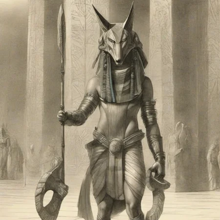 deatiled drawing of a female   <lora:stargateJackal-SDXL:1.0> stargateJackal in a eqyptian temple