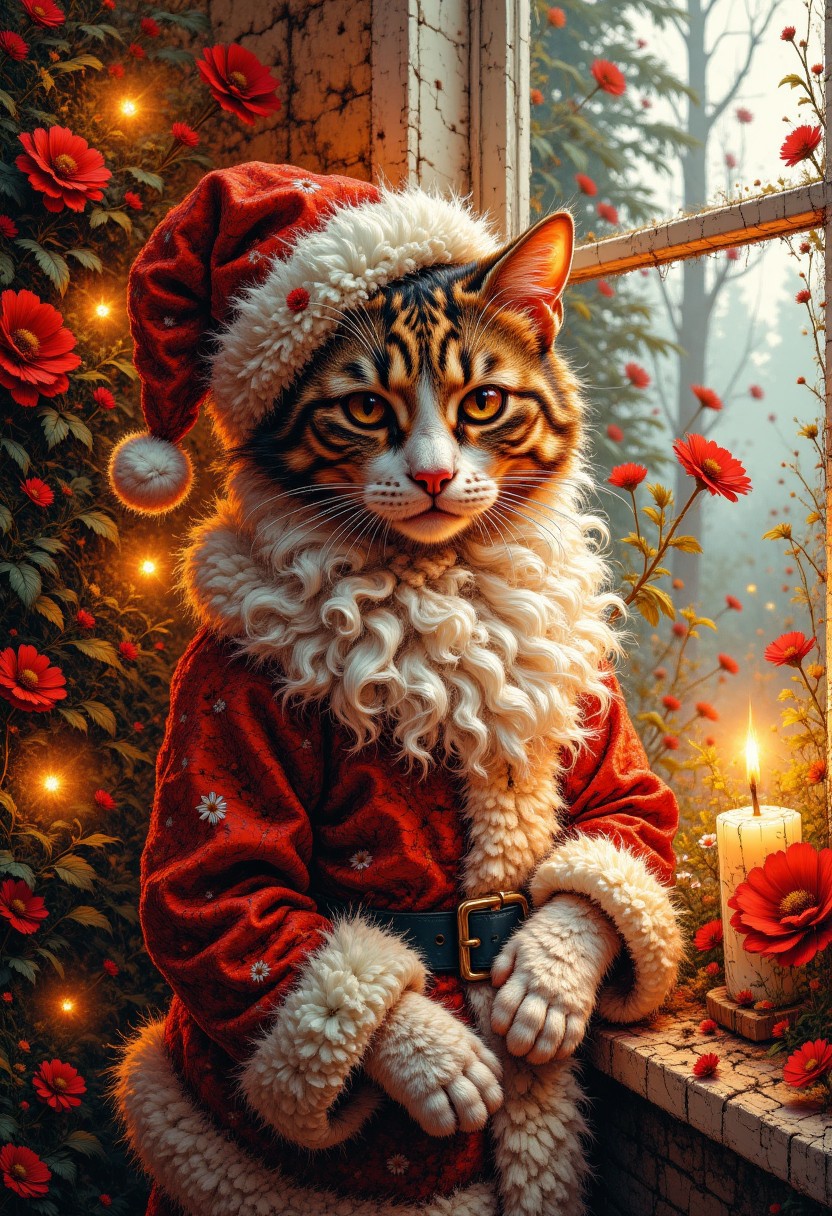 A beautiful Cat Santa Claus in room, masterpiece