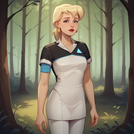 score_9_up, score_8_up, BREAK, MaxMom, 1girl, solo, blonde hair, blue eyes, lipstick, earrings, <lora:MaxMom_MightyMax_PXL_Leaf1:0.8>, HousekeeperOutfit, dress, short sleeves, white pants, <lora:HousekeeperAndroidOutfit_DBH__PXL_Leaf5:1>, cowboy shot, forest, looking at viewer,