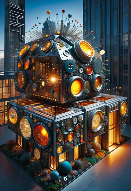 hyper detailed masterpiece, dynamic, awesome quality,DonMN33dl3P1ll0wXL immersive megalopolis center, metal cladding,quantum computing building brains, solar-powered lights, pin spot lighting <lora:DonMN33dl3P1ll0wXL:1>