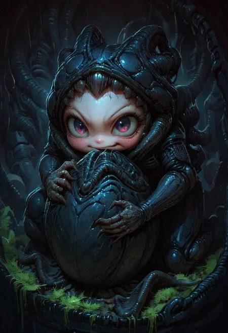 extremely cute xenomorph holding black xenoegg, caric art, caricature, beautiful, adorable, 8k, detailed, intricate details