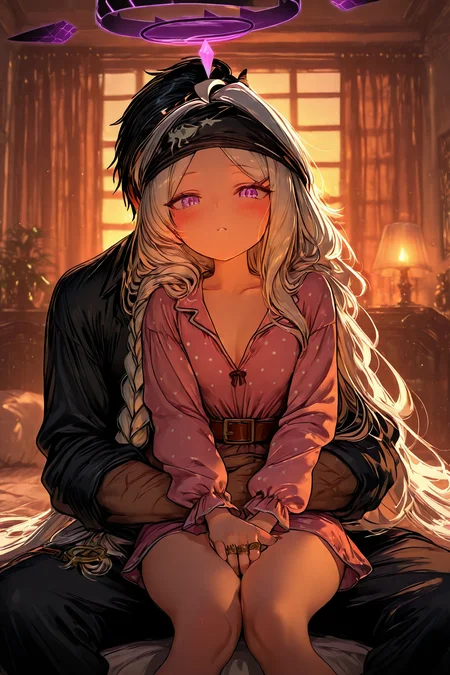 masterpiece,best quality,good quality,newest,year 2024,year 2023,very aesthetic,absurdres,pirate costume,pirate hat,black headwear,black pants,braid,white shirt,brown belt,collarbone,pectoral cleavage,dark skin,eyepatch,gold coin,gold necklace,hat,jewelry,multiple rings,necklace,pectorals,scar,scar across eye,,1girl, hina (blue archive), 1boy, horns, long hair, sensei (blue archive), halo, white hair, blush, sitting on person, sitting, sitting on lap, pajamas, purple eyes, bangs, demon horns, long sleeves, parted bangs, ahoge, hug, hair ornament, hairclip, polka dot, black hair, bare legs, pink pajamas, indoors, hug from behind, looking at viewer, very long hair,(sfw:1.5),<lora:red apple-V1.9:1.3>,