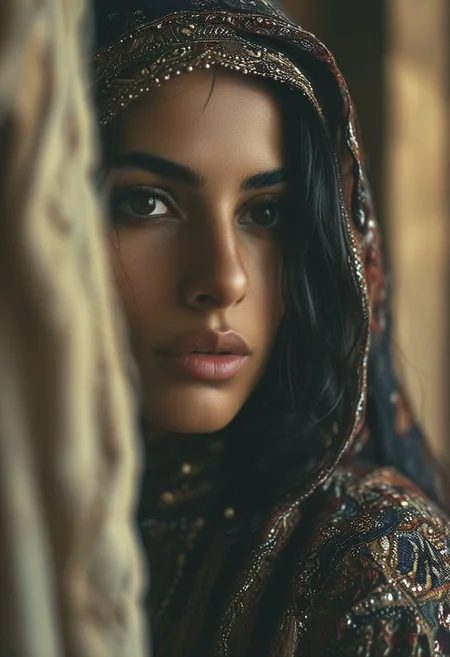 medium shot, dark photo, a evocative medium shot of a beautiful arabian woman