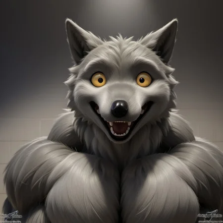 score_9, score_8_up, score_7_up, source:furry, dynamic lighting, detailed background, bedroom background,  anthro, furry, male, 1boi, (headshot), solo, (detailed face, detailed eyes), WB_sketchv1, furry, anthropomorphic character, WB_SketchV1
BREAK
Anthro_wolf, BBW, grey fur, yellow sclera, beady eyes, black eyes, black nose, long snout, shocked expression, opened mouth, wolf ears, hyper muscles
BREAK
headshot
<lora:add-detail-xl:1.5>