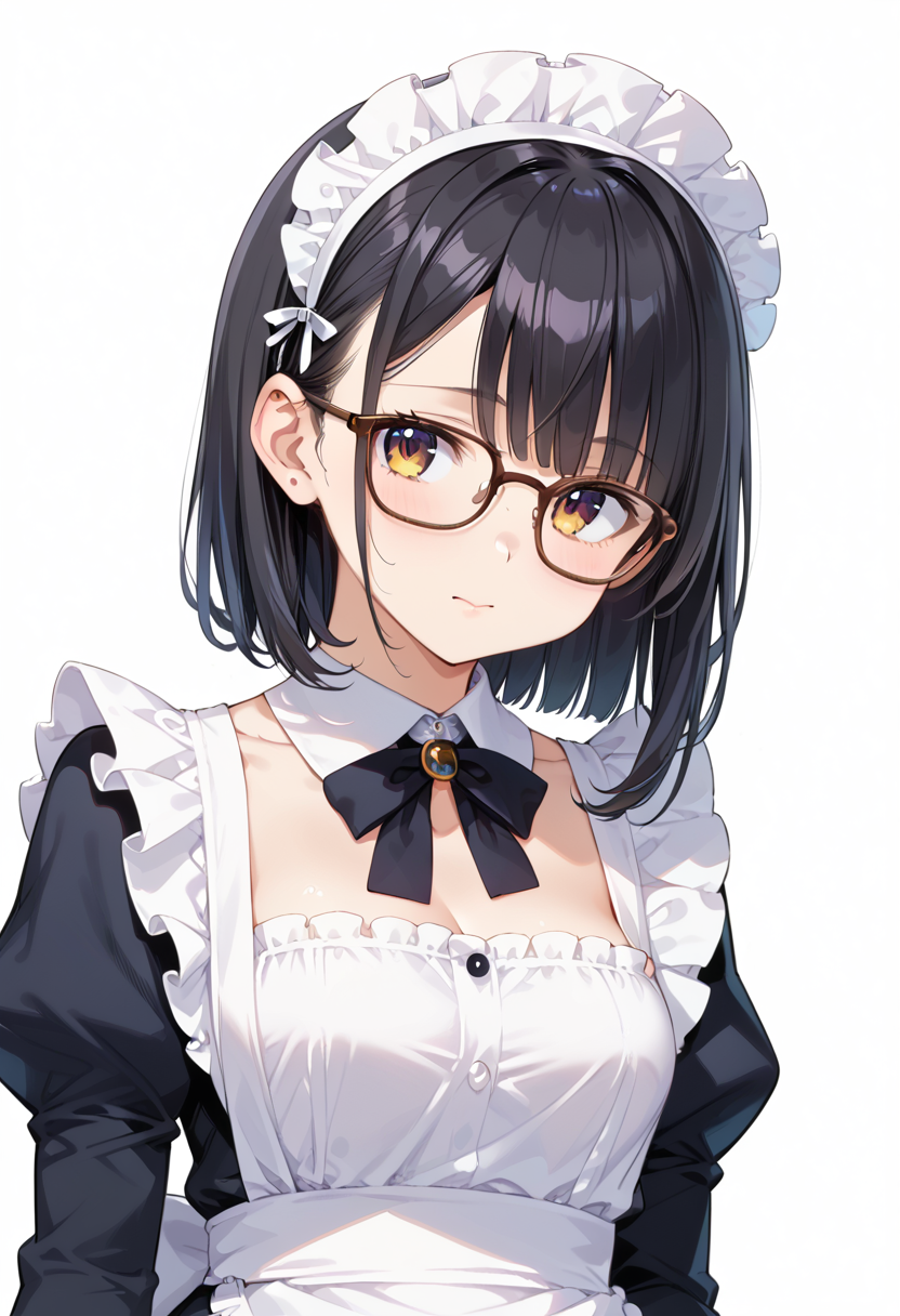 score_9, score_8_up, score_7_up, rating_safe, masterpiece, best quality, absurdres, unity 8k wallpaper, official art, official style, source_anime, uncensored, game cg, megami magazine,
1girl, solo, black hair, medium hair, upper body, covered eyes,maid, maid headdress, black dress, maid apron, face focus,
Wellington24S, glasses, white background, simple background, brown-framed eyewear
 <lora:glasses_Wellington24S_PONY_V1:1>