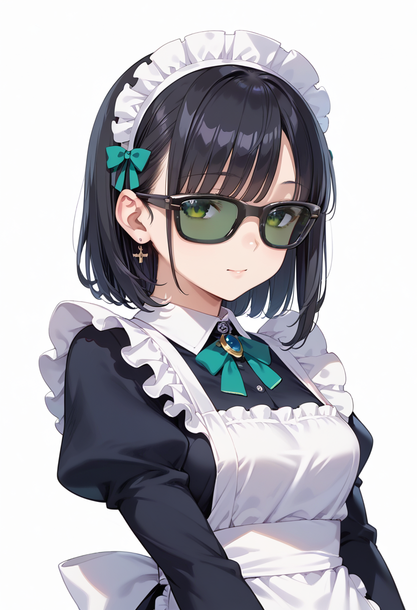 score_9, score_8_up, score_7_up, rating_safe, masterpiece, best quality, absurdres, unity 8k wallpaper, official art, official style, source_anime, uncensored, game cg, megami magazine,
1girl, solo, black hair, medium hair, upper body, covered eyes,maid, maid headdress, black dress, maid apron, face focus,
sg_WAYFARER, sunglasses, covered eyes, white background, simple background, darkgreen tinted eyewear, 
 <lora:glasses_wayfarer_PONY_V1:1>
