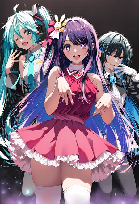 (masterpiece, high quality, amazing detail), highres, year 2023, year 2024, very awa, newest, 4b-enpitsu, takepon1123,
3girls, multiple girls, vocaloid, idol, concert, hand pose
BREAK
{miku hatsune, ahoge, aqua Eyes, aqua hair, crossed bangs, hair between eyes, hair ornament, headphones, long hair, twintails, one eye closed, medium breasts, standing, black footwear, black skirt, black sleeves, collared shirt, detached sleeves, grey shirt, necktie, pleated skirt, shirt, sleeveless shirt, thigh boots, tie clip}
BREAK
{hoshino ai, oshi no ko, long hair, bangs, purple eyes, purple hair, symbol-shaped pupils, one side up, hair ornament, hair ribbon, skirt, thighhighs, white thighhighs, zettai ryouiki, idol, dress, pink dress, sleeveless, pink skirt, frilled skirt, bare shoulders, collar, white collar}
BREAK
{chando \(ado\), ado \(utaite\), blue eyes, hair between eyes, mole under eye, long hair, blue hair, black hair, colored inner hair, two-tone hair, sidelocks, white shirt, collared shirt, white gloves, long sleeves, black bowtie, utaite, utaite, flower brooch}
<lora:ponyv4_noob1_2_adamW:0.6>