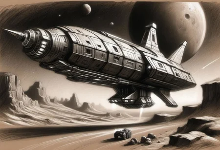 (masterpiece),
Black and white Renaissance drawing of a simple spaceship, road to mars,
Black and white tones,
HDR, highly detailed, 32k,
looking at viewer, Style-Renaissance
