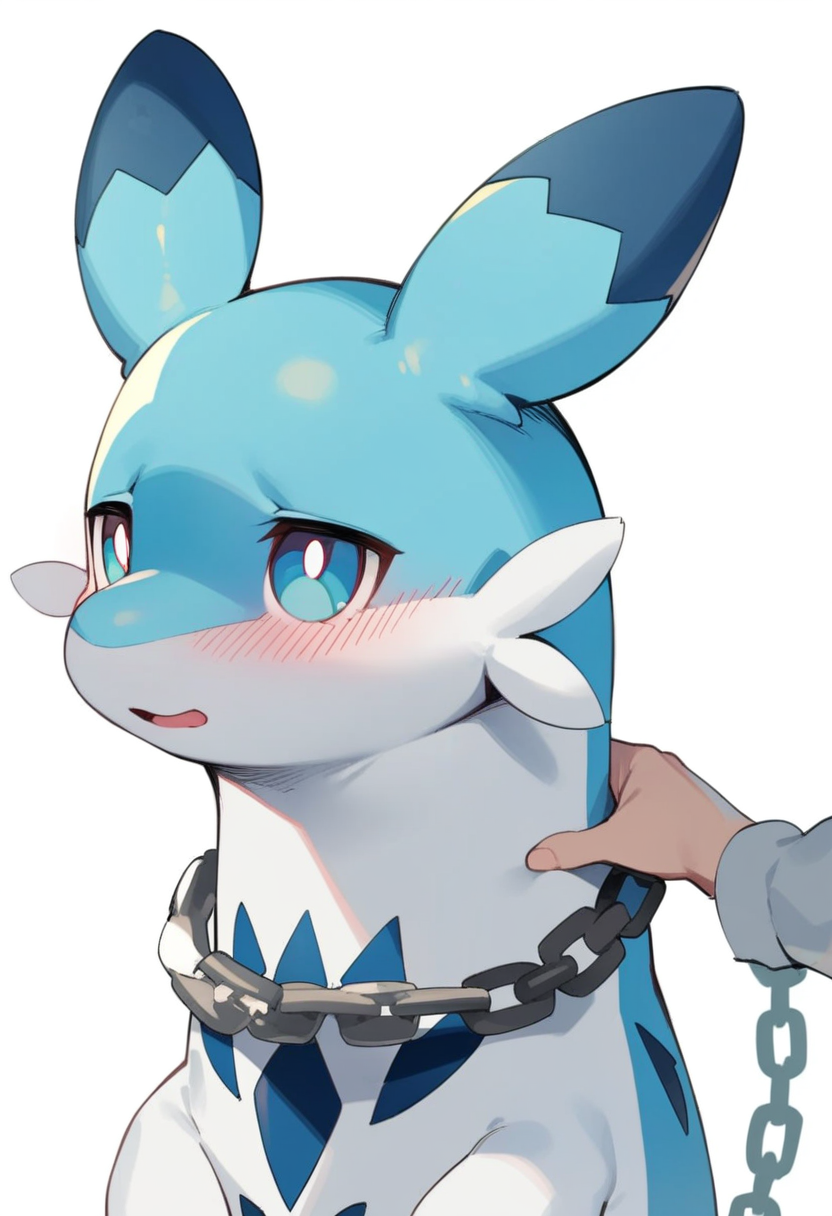 masterpiece,best quality,very aesthetic,absurdres,<lora:chillet_v2:1>,chillet, animal, no_humans, solo, blush, white_background, pokemon_\(creature\), chain, simple_background