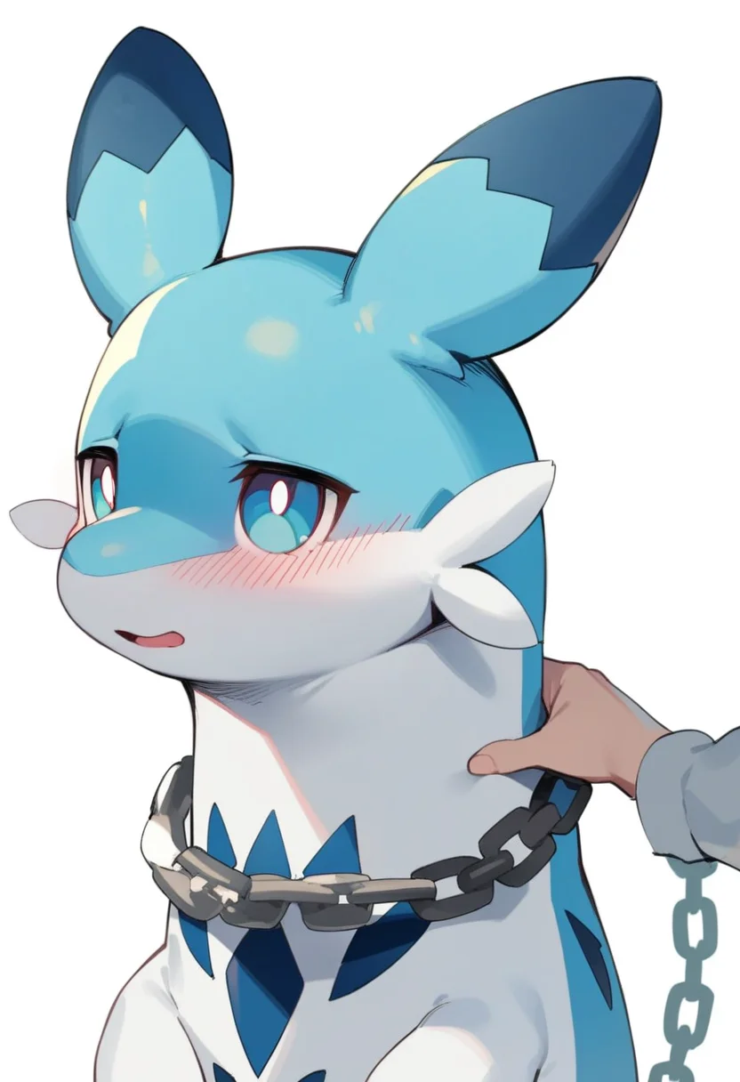 masterpiece,best quality,very aesthetic,absurdres,<lora:chillet_v2:1>,chillet, animal, no_humans, solo, blush, white_background, pokemon_\(creature\), chain, simple_background