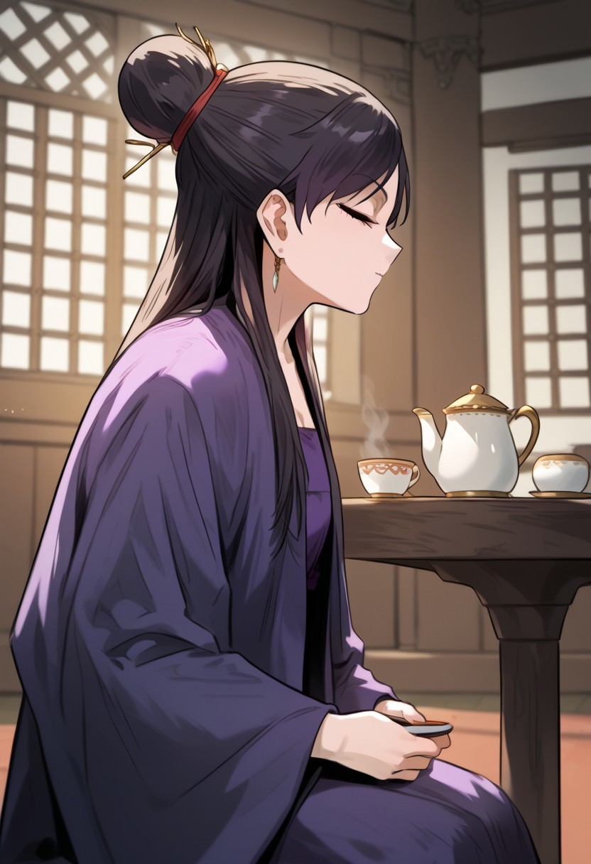 zPDXL3, score_9_up, score_8_up, score_7_up, (Anime_source), 1girl, TangSeoYeon, purple eyes, black hair, long hair, hair bun, kneeling, from side, (ancient indoor), table, tea, closed eyes, ease, relaxed