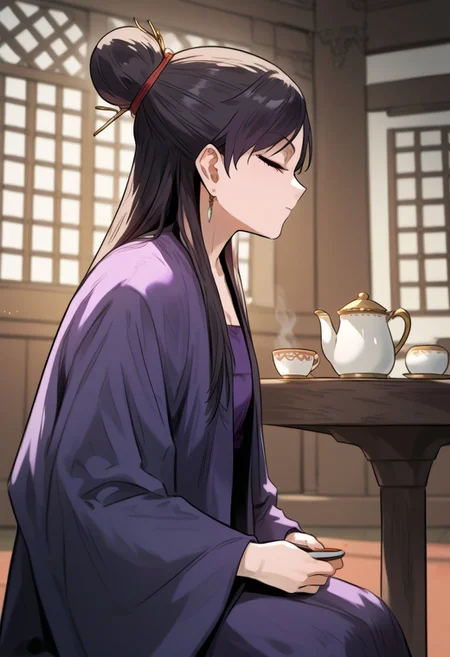 zPDXL3, score_9_up, score_8_up, score_7_up, (Anime_source), 1girl, TangSeoYeon, purple eyes, black hair, long hair, hair bun, kneeling, from side, (ancient indoor), table, tea, closed eyes, ease, relaxed