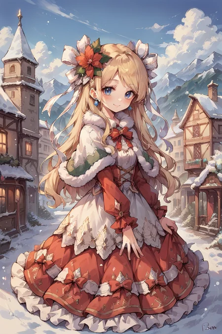 (score_9, score_8_up, score_7_up), source anime, <lora:backgroundsetXL:0.2> , background, exterior, winter, snow, scenery, blue sky, BREAK
<lora:Priscilla:0.65> , prdef, 1girl, blonde hair, blue eyes, long hair, hair ornament, hair ribbon, white hair ribbon, hair flower, earrings, fur-trimmed capelet, capelet, dress, red dress, layered dress, frilled dress, perfect hands, smile, blush, looking at viewer, cowboy shot, <lora:d4rkpurpXLP:0.45> , d4rkpurp,