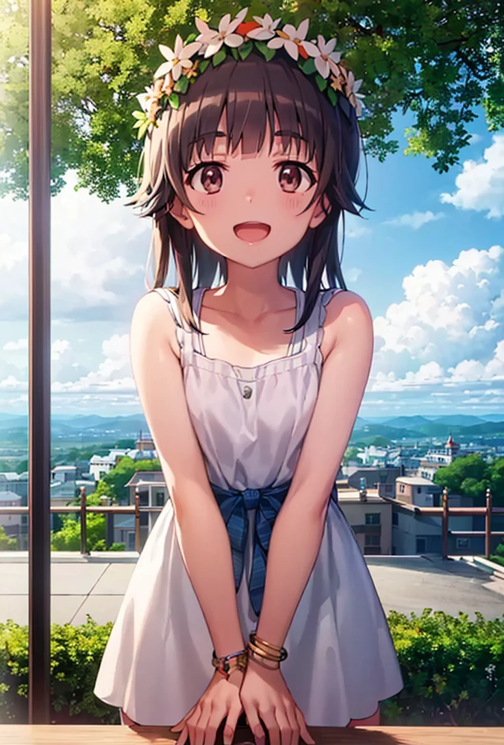 uiharu_kazari,  <lora:Kazari_v1-000008:1>, 
(8k, RAW photo, best quality, masterpiece:1.2),
 jewelry, bracelet, day, solo, cloud, horizon, long_hair, outdoors, looking_at_viewer, the best quality, masterpiece, castle wall, open mouth, smile,
