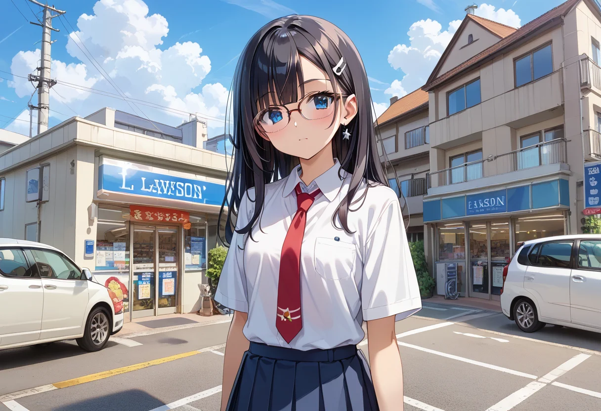 score_9, score_8_up, score_7_up, rating_safe, masterpiece, best quality, absurdres, unity 8k wallpaper, official art, official style, source_anime, uncensored, game cg, megami magazine,
1girl, solo, glasses, black hair, long hair, collared shirt, red necktie, pleated skirt, blue skirt, looking at viewer, blush, upper body,
lawson, konbini, scenery, storefront, car, outdoors, sky, scenery, cloud, road, power lines, utility pole, shop, day, street, building, blue sky
<lora:lawson_storefront_PONY_V1:1>