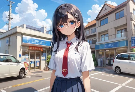 score_9, score_8_up, score_7_up, rating_safe, masterpiece, best quality, absurdres, unity 8k wallpaper, official art, official style, source_anime, uncensored, game cg, megami magazine,
1girl, solo, glasses, black hair, long hair, collared shirt, red necktie, pleated skirt, blue skirt, looking at viewer, blush, upper body,
lawson, konbini, scenery, storefront, car, outdoors, sky, scenery, cloud, road, power lines, utility pole, shop, day, street, building, blue sky
<lora:lawson_storefront_PONY_V1:1>