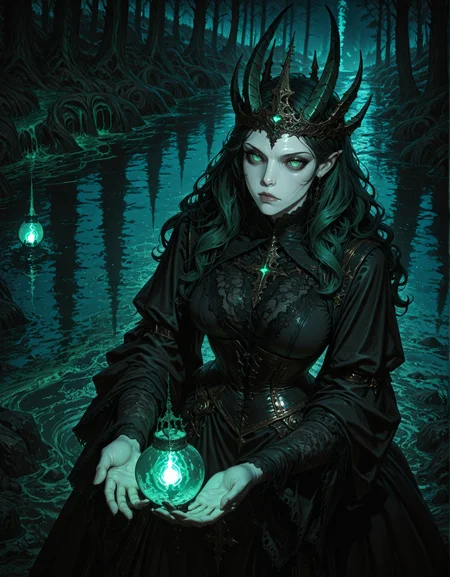 masterpiece, best quality,high quality, newest, highres,8K,HDR,absurdres, 1girl, view from above, dutch angle, close up, dark fantasy, water, river, green water, glowing lantern, gothic, gothic clothing, black dress, long sleeves, corset, lace, crown, horns, long hair, wavy hair, pale skin, green eyes, full lips, serious expression, reaching hands, reaching arms, eerie, creepy, detailed background, forest, night, shadows, mysterious, detailed textures, dark atmosphere, glowing light, medieval, horror, eerie ambiance, intricate design, high contrast, dark green, mysterious figure, fantasy art, surreal, ethereal, otherworldly <lora:iLLMythG0thicL1nes:1> G0thicL1nes