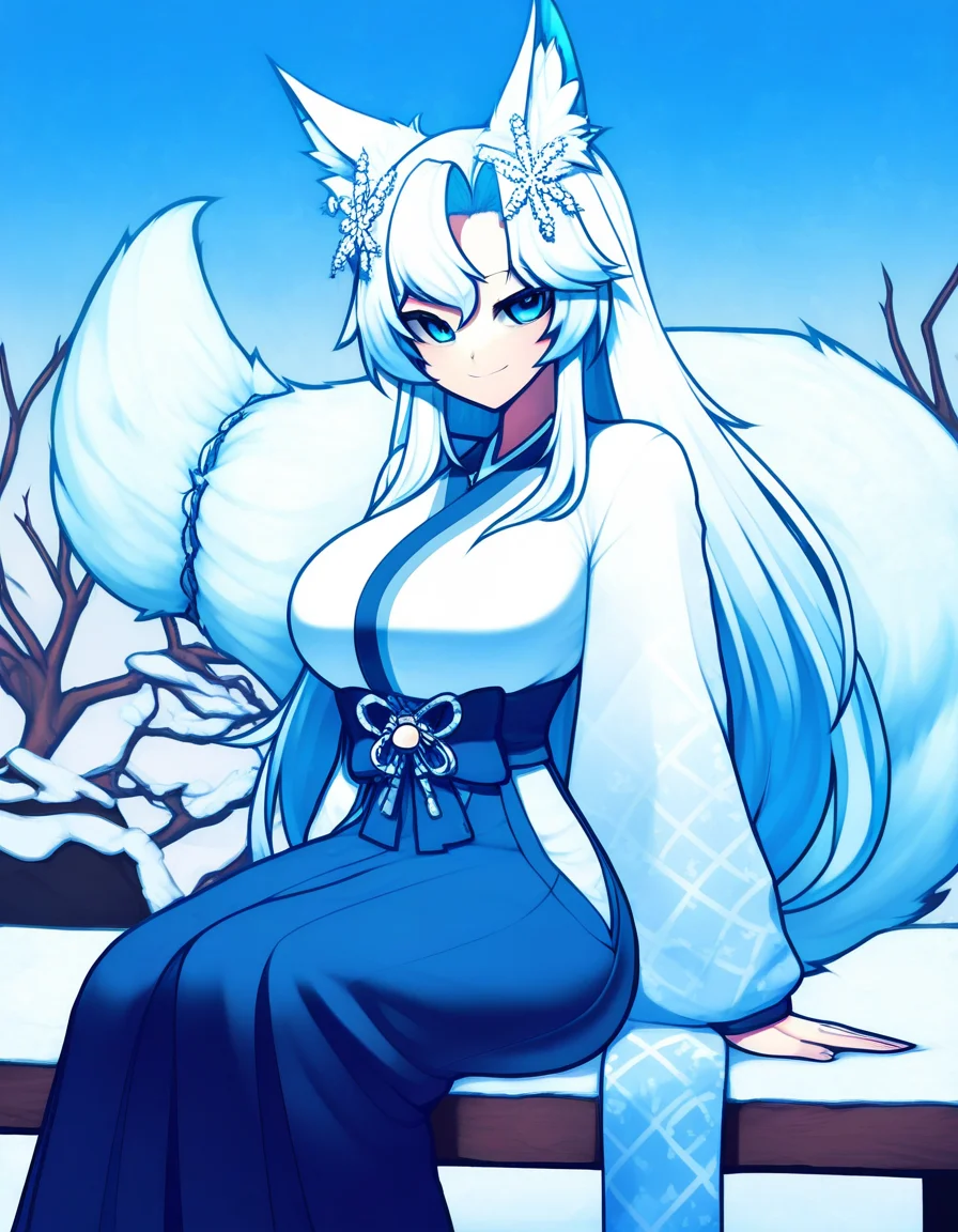(masterpiece, best quality, highres, absurd res, newest,), 414n4, blue hair, hair decoration blue clothing, white hair, japanese clothes, snow, winter, smile, sitting, looking at viewer, happy, <lora:Smugalana_Illustrious:1>
