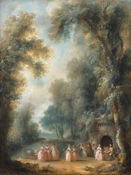 masterpiece,best quality,<lora:tbh124-sdxl:0.7>,landscape,rococo,oil painting,style of Jean-Antoine Watteau,