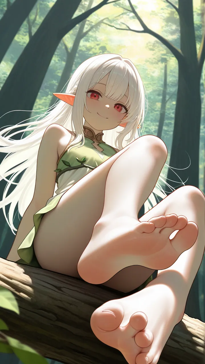 (masterpiece, best quality), safe, amazing quality, very aesthetic, absurdres, highres, newest, HDR, 8K, high detail RAW color art
1girl, pastel color, flat color, white hair, red eyes, smile, upper body, elf, forest, branch top, straddle a branch, closed legs, sunlight through trees, scene, feet, barefoot, foot focus, toes, soles, pov,