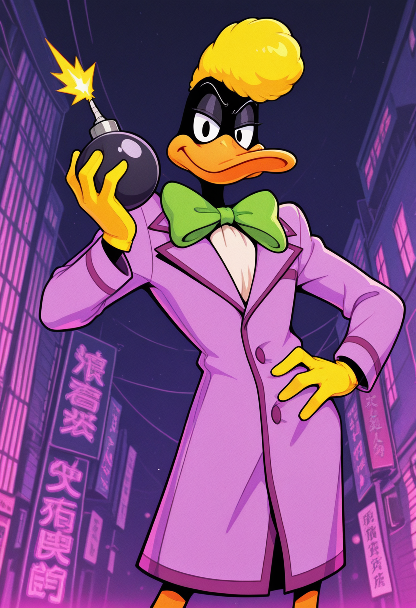 masterpiece, best quality, Graphic Design, color art, vibrant colors, colorful, intricate details, high contrast, detailed background, beautiful detailed, beautiful face, detailed eyes, detailed face, new, newest, z00td4ffy, 1boy, solo, male focus, furry, duck, black skin, beak, black eyes, yellow hair, pompadour, suit, formal, purple coat, yellow gloves, green bowtie, cowboy shot, dynamic pose, smirk, looking at viewer, from below, low angle, night street, holding bomb, fuse,