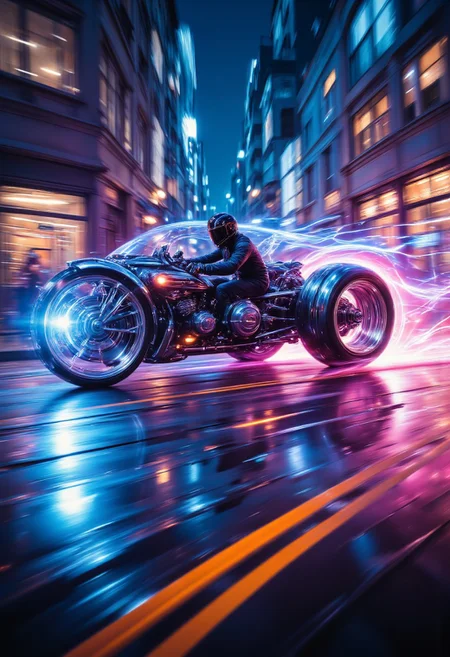 A custom-built hovercraft crafted from a repurposed aircraft turbine speeding through the neon-lit streets of a sprawling cyberpunk city. The turbine, stripped to its gleaming metallic core, hums with raw power, its thrusters glowing with an intense blue light as it hovers effortlessly above the ground. A minimalist seat is mounted atop the turbine, where a shadowy rider dressed entirely in black, including a featureless helmet, controls the vehicle with precision. The machine's rugged yet futuristic design stands out, with exposed cables and glowing energy lines accentuating its industrial aesthetic. Racing through the vibrant chaos, the craft leaves a shimmering trail of heat distortion and sparks, blending innovation with raw, unbridled speed.,d0ntst0pm3n0w, <lora:Dont_Stop_Me_Now.safetensors:0.8>, <lora:DarkCore-000003.safetensors:1.0>, <lora:arti_monopencildrawing_v01-000008.safetensors:0.5>, <lora:aidmaGLOW-FLUX-V0.1.safetensors:0.5>,