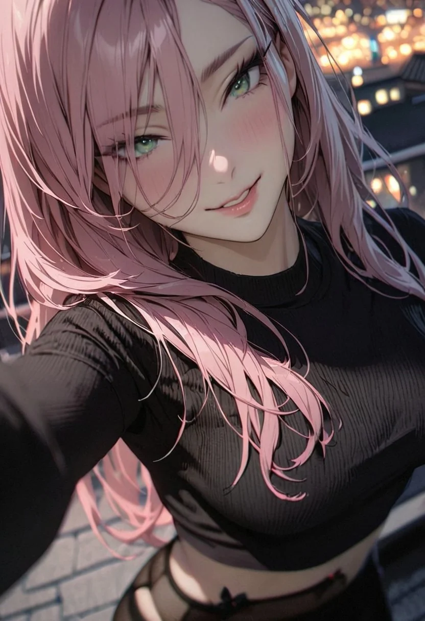 1woman, solo, long hair, pink hair, black choker, green eyes, one eye covered by hair, eyeliner, gorgeous lips, tights, medium breasts
cinematic, (masterpiece), (best quality), (ultra-detailed), very aesthetic, illustration, detailed eyes, perfect eyes, detailed face
black tank top, black thigh high stackings, black garter belt, skindentation lips, naughty face, smile, raised eyebrows, rooftop, night sky,