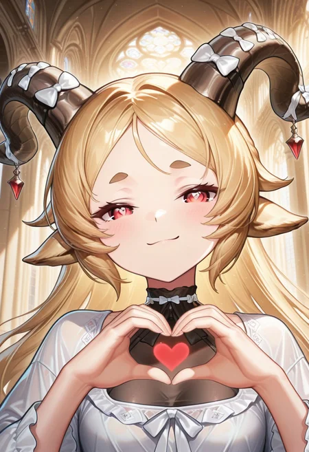 masterpiece,best quality,highres,extreme detail,detailed,ultra detailed,2D,cute,drawn,rich colors,volumetric lighting,good quality, very aesthetic, absurdres,source anime, 4k, HD, newest,nsfw,deep contrast, ambient occlusion, raytracing, soft lighting, blum effect, absolutely eye-catching, highly detailed,(beautiful eyes,detailed eyes,detailed pupils:1.2),perfect body,perfect face,perfect eyes,BREAK 1girl,goat ears,echocalypse,blonde hair,long hair,red eyes,white sclera,thick eyebrows ,curled horns,horns,horn bow,horn ornament,white dress,black undershirt,baphomet,facing viewer,looking at viewer,smug,heart hands,face focus,upper body portrait,indoors,cathedral,day