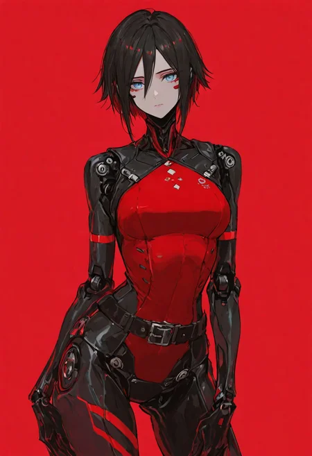 1girl, solo, red background, red theme, contrapposto,
android, robot joints, short hair, black hair, blue eyes, two-tone bodysuit, black bodysuit, red bodysuit, black gloves, belt,
masterpiece, best quality <lora:AmiThompson-adafactor-guy90:1>, nosima, <lora:signalis_elster_illustriousXL:1>, elst3r