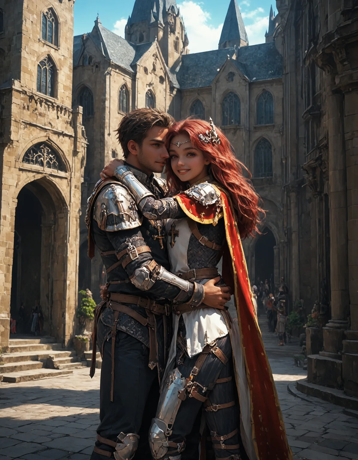 Score_PnyReal,BREAK, 1girl, 1man, tall_black_man_wearing, ((hug)),, close up, J0hanna, armor, dark skin, legs, church, temple, cathedral, red eyes, red hair, outdoors,ripples,scenery,distant village,light rays,dark theme,happy, looking at viewer, standing, (zPDXL2:1.5), , <lora:310626bb-9c18-4ef8-9ae8-7fbc5f7f2153:1.0>, <lora:584554b1-5638-4ae3-a13c-f32e986cc10d:1.0>, <lora:743ab114-2dc7-4a68-a995-0d3c9dc174a0:0.7>, <lora:52491d77-b404-4ccf-aa99-0b52a94f40d9:1.0>, <lora:a227fa2e-3749-476d-a8e5-79e96ce5d965:1.0>, <lora:080f0900-f397-4b17-b50a-c7ae3c3fa50f:0.9>