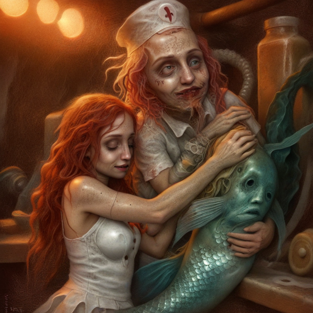 A sailor hugs a mermaid at a pasta factory.
rotten skin, by Chris Mars <lora:Chris_Mars:1> <lora:zkeleton:1>
