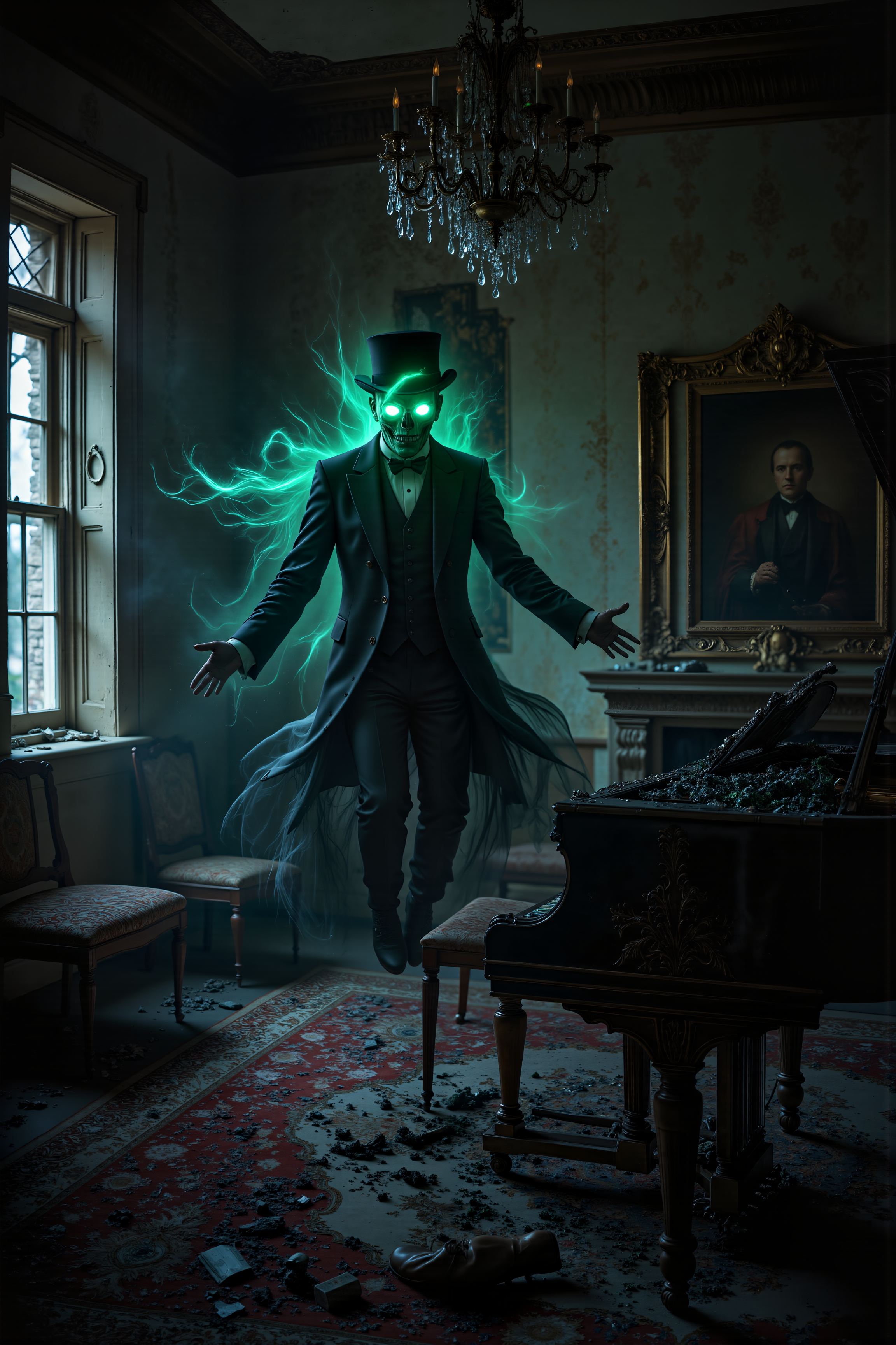 A hyper-realistic portrait, photorealistic photo close-up image oA hyper-realistic portrait, photorealistic photo close-up image of  Within the decaying remains of an old, abandoned mansion, a ghostly figure with hollow, glowing green eyes floats silently above a broken grand piano, its keys worn and covered in dust. The figure is dressed in an elegant, old-fashioned suit, his translucent form flickering as he slowly drifts through the dark, cobweb-strewn room. The faded wallpaper peels from the walls, and the once-opulent chandelier above sways gently, its glass crystals clinking faintly in the stillness. Moonlight streams in through the cracked, dirt-streaked windows, casting faint shadows across the tattered rugs and broken furniture scattered throughout the room. The air is thick with the musty scent of decay and the faint echoes of forgotten music, as though the ghost is trapped in a moment of the past, forever repeating his final performance. His fingers hover just above the piano keys, as if poised to play, but no sound emerges from the long-silent instrument. The mansion creaks and groans with age, its forgotten grandeur crumbling around the lone, spectral musician. The atmosphere is heavy with the weight of lost memories and unfinished melodies, as the ghost lingers, bound to his eternal concert. (photography, high-resolution, dynamic, energetic,hyper-realistic, dramatic lighting, shallow depth of field.), detailmaximizer, MythP0rt (photography, high-resolution, dynamic, energetic,hyper-realistic, dramatic lighting, shallow depth of field.), detailmaximizer, MythP0rt<lora:midjourney_whisper_flux_lora_v01:0.55><lora:aidmaMJ6.1-FLUX-V0.1:0.4><lora:FluxMythP0rtr4itStyle:0.4><lora:detailed_flux_ntc:2.2><lora:aidmaImageUpgrader-FLUX-V0.1:0.65>